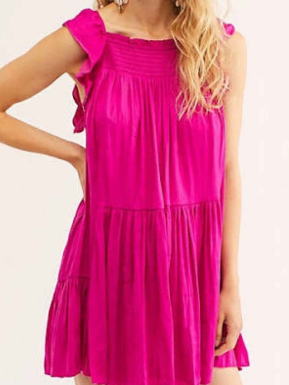 Free People Want Your Love Magenta Pink Tiered Mini Dress Flutter Sleeves Medium